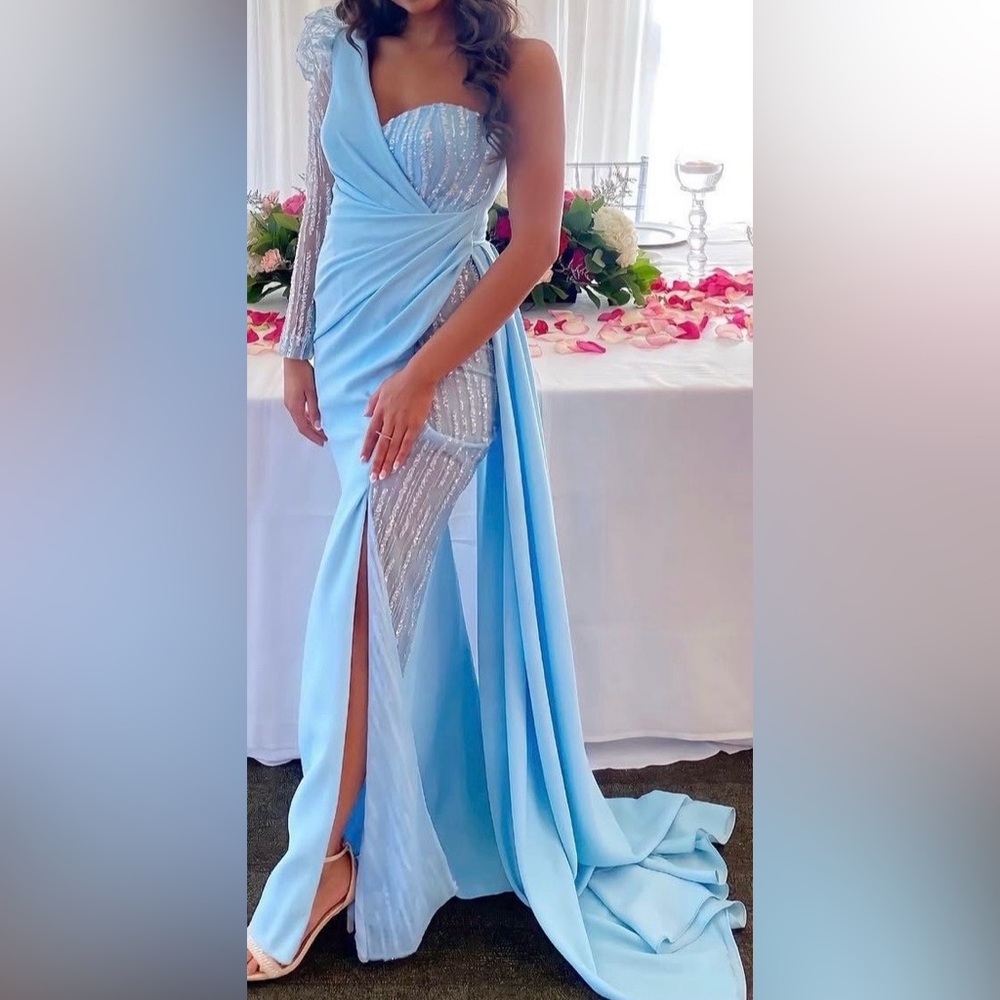 Blue and Silver Evening Gown with side skirt and slit / prom dress
